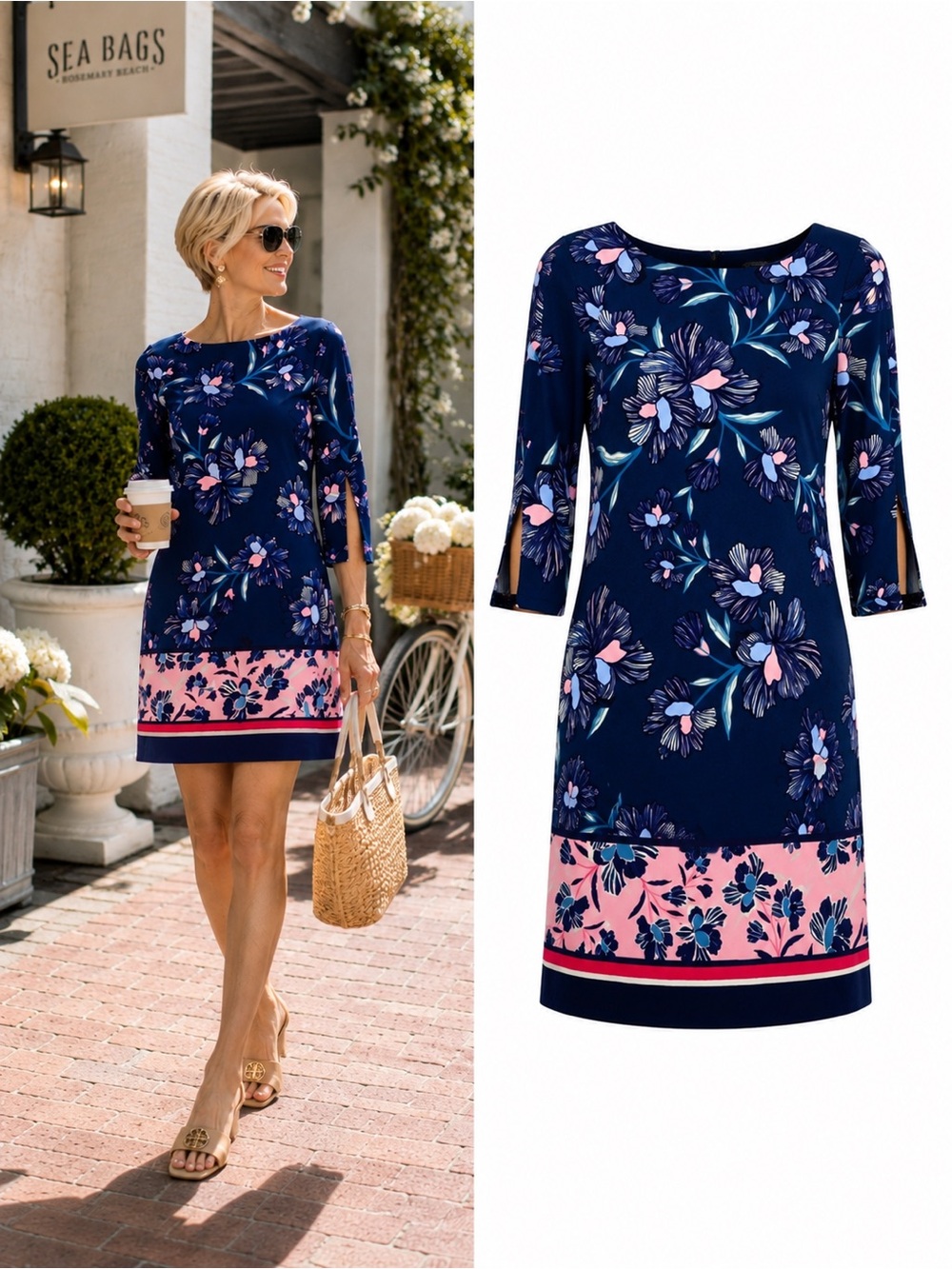 NWOT Vince Camuto Navy Floral Shift Dress Size 2 Sheath Career Wedding Guest